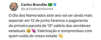 Brandão antecipa primeira parcela do 13º salário dos servidores estaduais