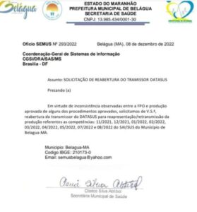 PREFEITURA DE BELÁGUA-MA COMUNICOU O MINISTÉRIO DA SAÚDE SOBRE ERROS DE LANÇAMENTO DE DADOS INFORMANDO