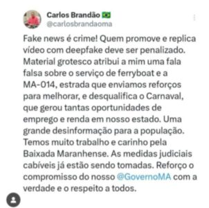 Brandão é vítima de deep fake e aciona a Justiça
