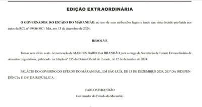 Atendendo decisão de Alexandre de Moraes, Brandão torna sem efeito a nomeação de Marcus Brandão em secretaria do Estado
