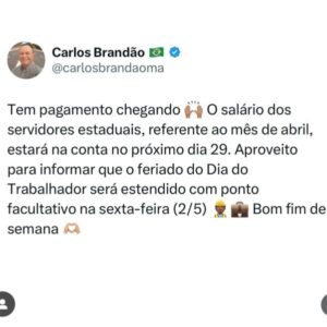 Brandão antecipa salário de abril e dá ponto facultativo depois do feriado do trabalhador