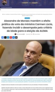 Moraes mantém efeito prático do voto de Cármen Lúcia em ADI sobre eleição para presidência da Alema
