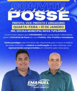 Prefeito eleito, Emanuel Ricardo convida a população de Tufilândia para cerimônia de Posse