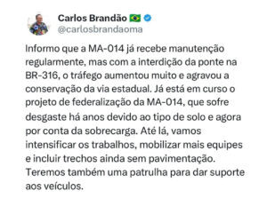 Governo do Maranhão anuncia reforço na manutenção da MA-014 devido ao aumento do tráfego