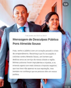 Arendel Nunes se retrata publicamente após acusações feitas ao ex-prefeito Almeida Sousa