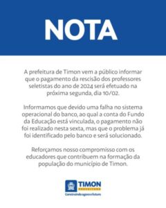 Prefeitura de Timon emite Nota sobre o pagamento da rescisão dos professores seletistas