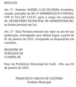Daniel Silveira é nomeado Secretário de Administração de FC Oliveira em Codó