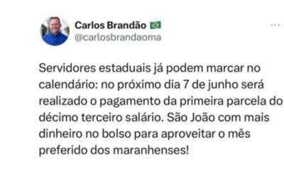 Governador Brandão anuncia data de pagamento da 1ª parcela do 13º salário