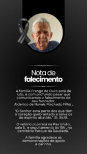Morre Alderico de Novais Machado Filho, fundador do tradicional restaurante Frango de Ouro