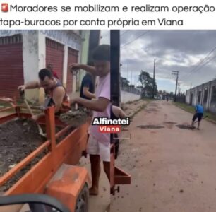 Moradores tapam buracos por conta própria em Viana e expõem abandono da gestão Carrinho Cidreira