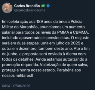 Governador Carlos Brandão anuncia reajuste salarial para PMs e Bombeiros do Maranhão