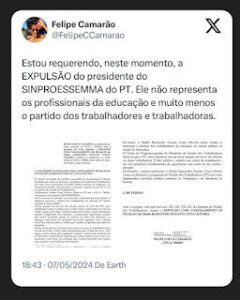 Camarão pede expulsão do presidente do Sinproesemma do PT…