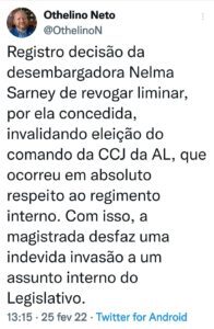 Revogação de liminar corrige indevida invasão a assunto interno do Legislativo, diz Othelino sobre CCJ