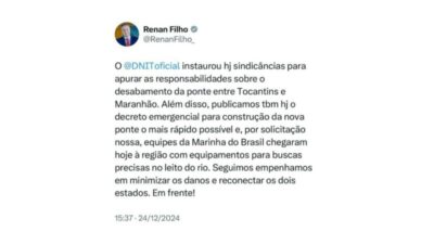 Ministro dos Transporte anuncia abertura de sindicância pelo DNIT para investigar responsabilidades do desabamento Ponte entre MA e TO