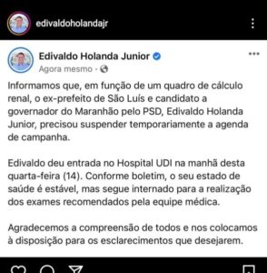 Edivaldo Jr. é internado no UDI Hospital e suspende agenda