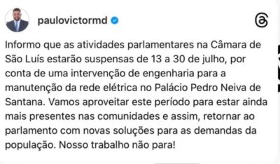Câmara de SLZ terá manutenção na rede elétrica no recesso