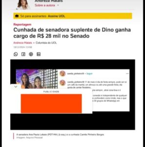 Deu no Uol: cunhada de senadora suplente de Dino ganha cargo de R$ 28 mil no Senado