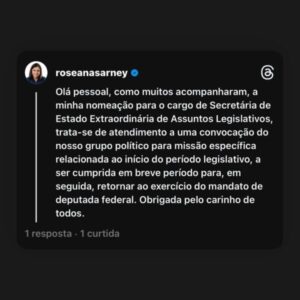 Roseana confirma que passagem pelo governo Brandão será temporária