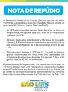 SECULT emite Nota de Repúdio contra Duarte Júnior…