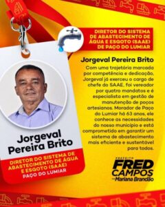 Fred Campos anuncia Jorge Brito como novo diretor do SAAE de Paço do Lumiar