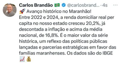 Brandão conquista feito histórico com maior crescimento de renda familiar do Brasil no Maranhão
