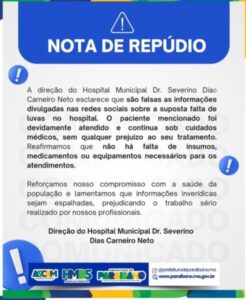Hospital Municipal de Paraibano emite nota de repúdio sobre boatos de falta de luvas