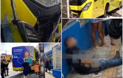 Ônibus desgovernado atropela pedestre e invade Supermercado Mateus