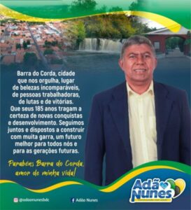 Adão Nunes parabeniza Barra do Corda pelos seus 185 anos de fundação