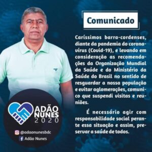 Adão Nunes suspende sua agenda política e pede colaboração de todos e que fiquem em suas casas neste momento de pandemia