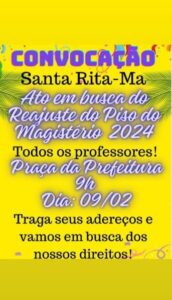 Santa Rita: professores prometem realizar ato em busca do atual Piso do Magistério nesta sexta-feira
