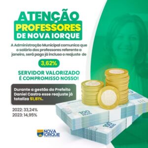 Prefeitura de Nova Iorque Garante Pagamento do Piso Salarial dos Professores e Atinge 51,8% de Reajuste na Gestão do Prefeito Daniel Castro