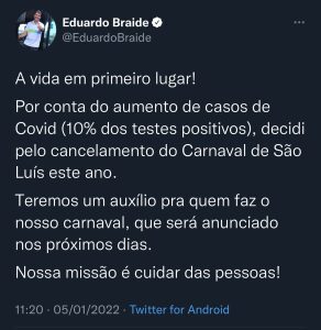 Eduardo Braide cancela o carnaval em São Luís