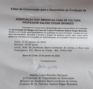 Casa da Cultura Professor Galeno Edgar Brandes convoca população para Assembleia de fundação da Associação