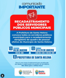 Prefeitura de Santa Helena convoca servidores efetivos para o recadastramento obrigatório