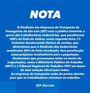 SET critica descumprimento de liminar em greve total dos rodoviários