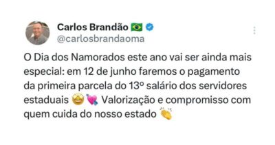 Presente de Dia dos Namorados: Brandão antecipa primeira parcela 13º