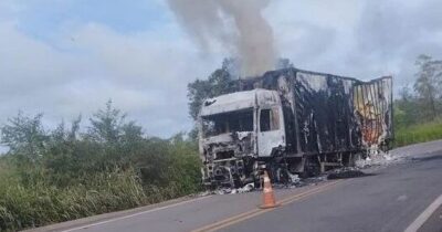 Vídeo- Caminhão baú que transportava madeira pega fogo na BR-135
