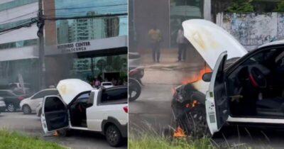 Vídeo- Carro pega fogo em frente ao edifício business center, em São Luís