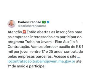 Brandão anuncia auxílio de R$ 1 mil para empresas que contratarem jovens no Maranhão