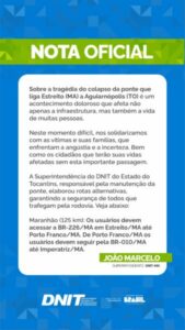 Ponte que desabou era de responsabilidade do DNIT do Tocantins