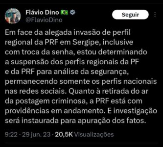 Dino suspende perfis regionais da PF e PRF nas redes após ataque hacker…