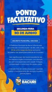 Prefeitura de Bacuri decreta ponto facultativo na segunda-feira, 30 de junho