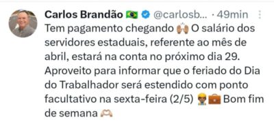 Brandão antecipa salário de servidores e anuncia ponto facultativo no dia 2