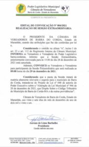 EDITAL: Aurean Barbalho convoca vereadores para sessão extraordinária na Câmara de Barra do Corda