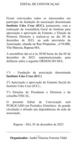 Edital de Convocação para a fundação da associação denominada Instituto Udes Cruz (IUC)