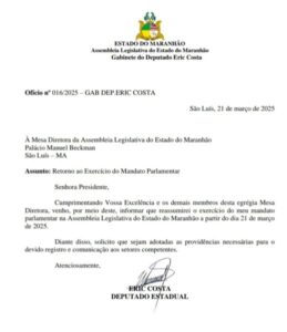 Eric Costa formaliza pedido para retomar mandato na Assembleia Legislativa do MA