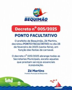 Prefeitura de Bequimão decreta ponto facultativo no dia 28 de fevereiro devido ao Carnaval