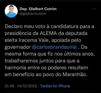 Glalbert Cutrim vai de Iracema Vale para presidência da Assembleia