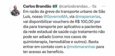 Brandão anuncia Uber para pacientes em tratamento