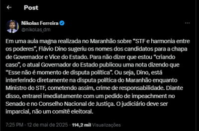 Nikolas pedirá impeachment de Dino após piada sobre vice de Camarão